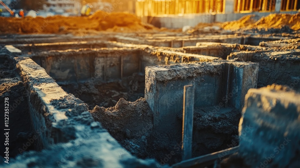 Reinforced concrete foundations in construction site pit for large building with sunlight illuminating the scene Reinforced concrete foundations in construction site pit for large building with sunlight illuminating the scene