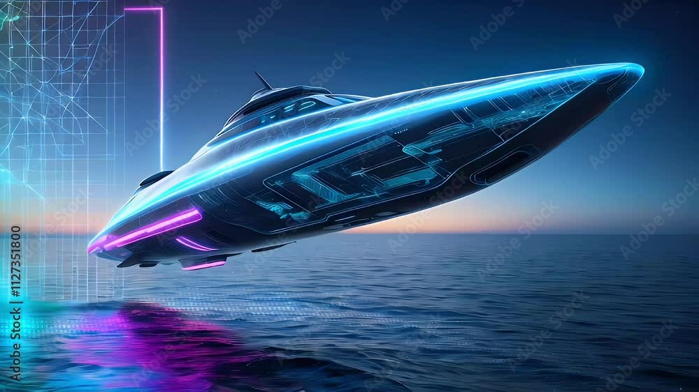 A futuristic spaceship hovering over water with neon lights against a sunset backdrop. A futuristic spaceship hovering over water with neon lights against a sunset backdrop.