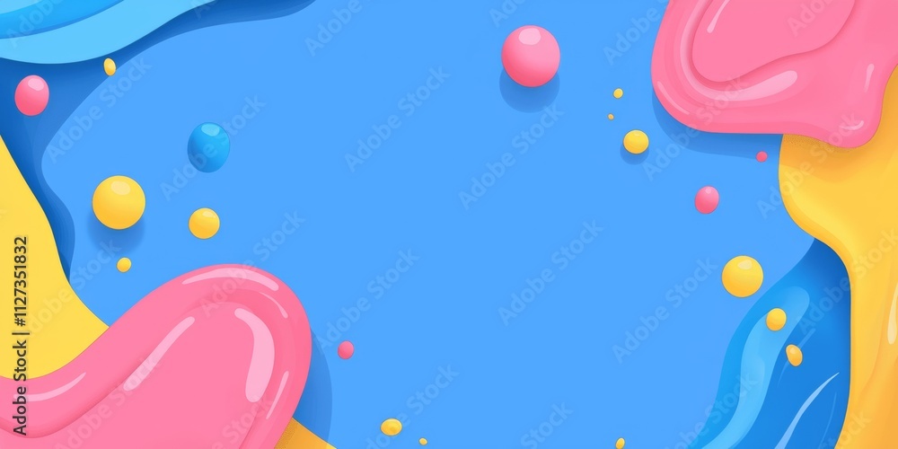Fototapeta premium Colorful abstract background featuring dynamic, flowing shapes in pink, yellow, and blue, complemented by floating spheres of varying sizes, creating a vibrant and playful visual