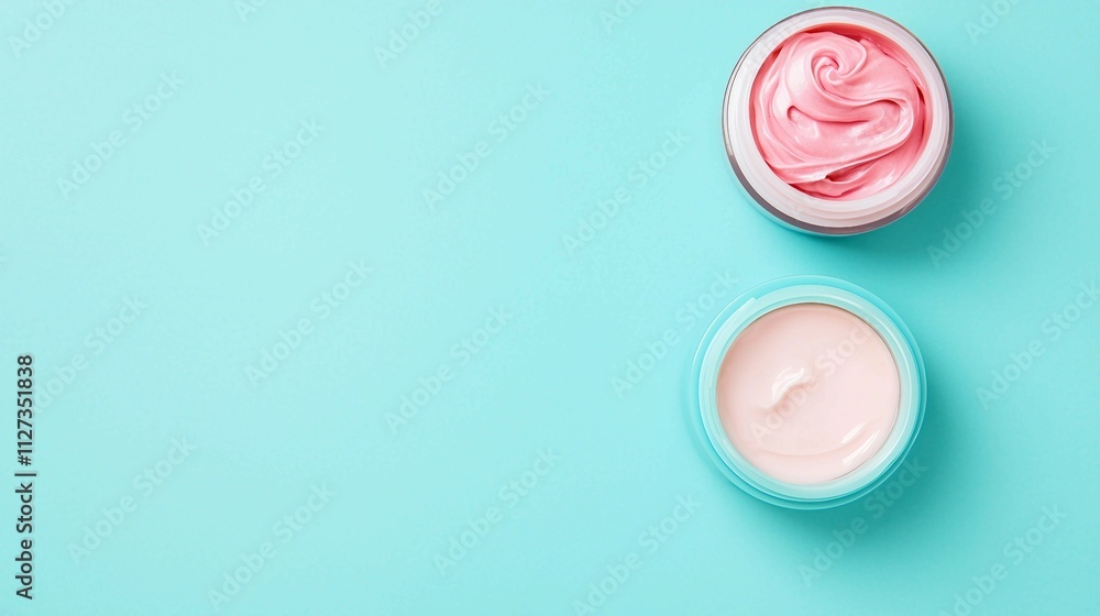 Soft Creams in Containers with Pink and White Colors on Blue Surface Soft Creams in Containers with Pink and White Colors on Blue Surface