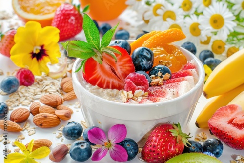 A vibrant visual of a raw food breakfast. featuring fresh fruits, nuts, and raw oats. promoting natural and unprocessed eating. Ideal for raw food guides photo