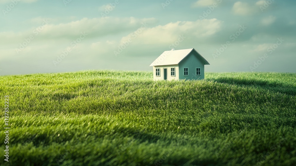 Miniature house on lush green grass field under a cloudy sky representing tranquility and rural living in a natural environment. Miniature house on lush green grass field under a cloudy sky representing tranquility and rural living in a natural environment.