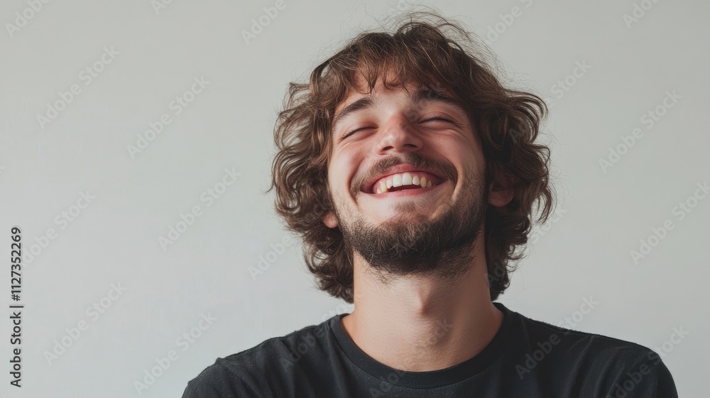 Joyful man with curly hair and beard smiling brightly against a neutral background conveying happiness and positivity in portrait format Joyful man with curly hair and beard smiling brightly against a neutral background conveying happiness and positivity in portrait format