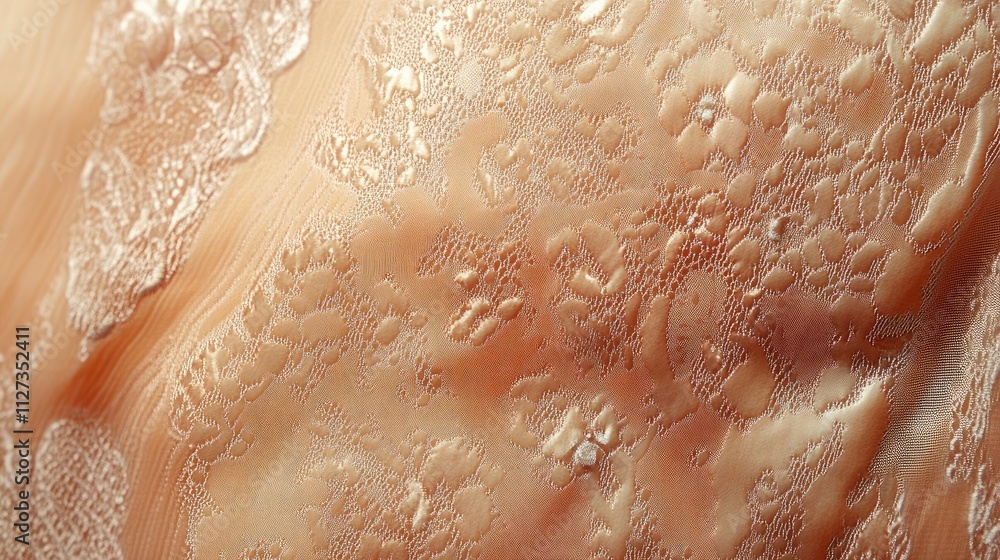 Fototapeta premium Beige lace fabric with intricate embroidery showcasing macro texture and delicate patterns for design and fashion applications.