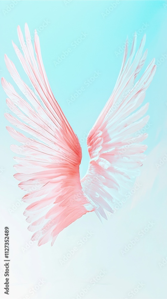 Delicate pink angel wings gracefully spreading against a soft pastel blue sky, inspiring feelings of freedom, spirituality, and ethereal beauty, embodying a serene and uplifting atmosphere Delicate pink angel wings gracefully spreading against a soft pastel blue sky, inspiring feelings of freedom, spirituality, and ethereal beauty, embodying a serene and uplifting atmosphere