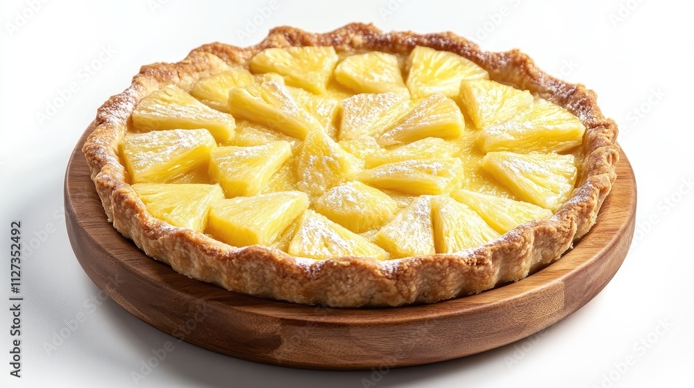 Pineapple pie beautifully arranged on a wooden plate against a clean white background showcasing delicious tropical flavors. Pineapple pie beautifully arranged on a wooden plate against a clean white background showcasing delicious tropical flavors.