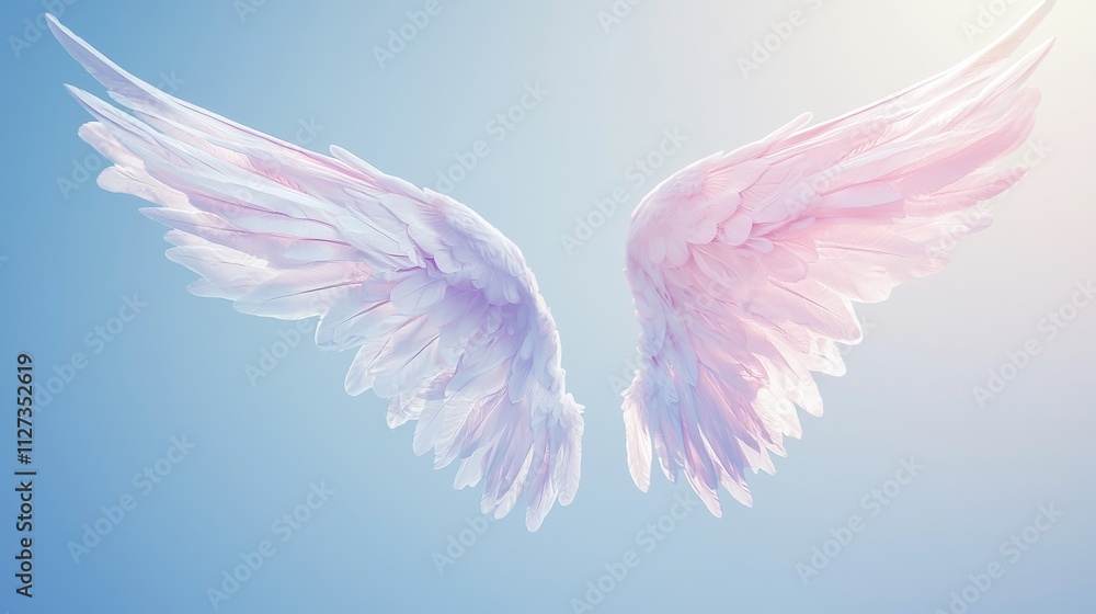Large white feathered angel wings spread open against a gradient blue and pink sky background, creating a celestial and ethereal atmosphere Large white feathered angel wings spread open against a gradient blue and pink sky background, creating a celestial and ethereal atmosphere