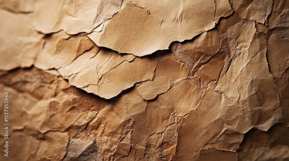 Closeup of textured weathered paperboard with creases and organic folds ideal for backgrounds and design elements Closeup of textured weathered paperboard with creases and organic folds ideal for backgrounds and design elements