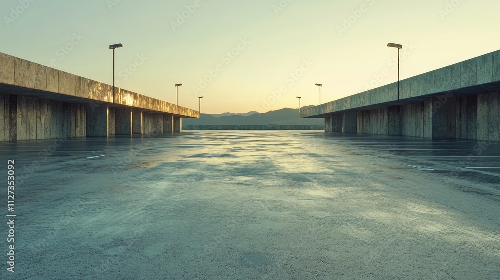 Obraz premium Futuristic panoramic concrete parking lot at sunrise with empty spaces and industrial lighting elements for modern urban settings