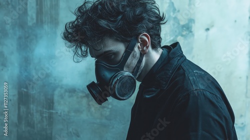 Young man wearing a gas mask in a grunge setting with atmospheric smoke creating a dramatic and edgy portrait. photo