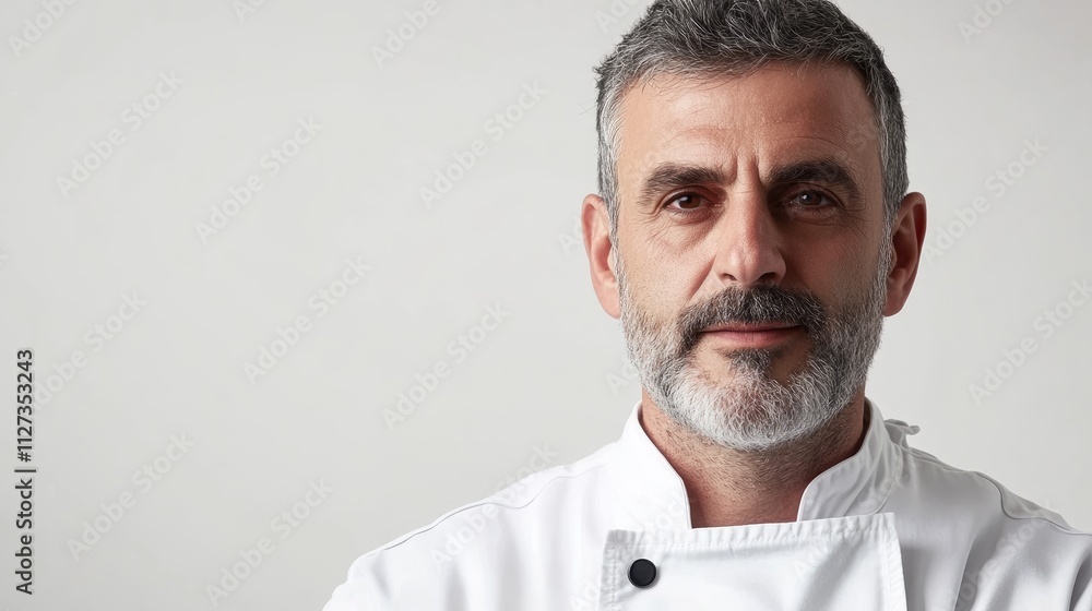 Mature male chef in professional attire with gray hair and beard posing confidently against a white background Mature male chef in professional attire with gray hair and beard posing confidently against a white background