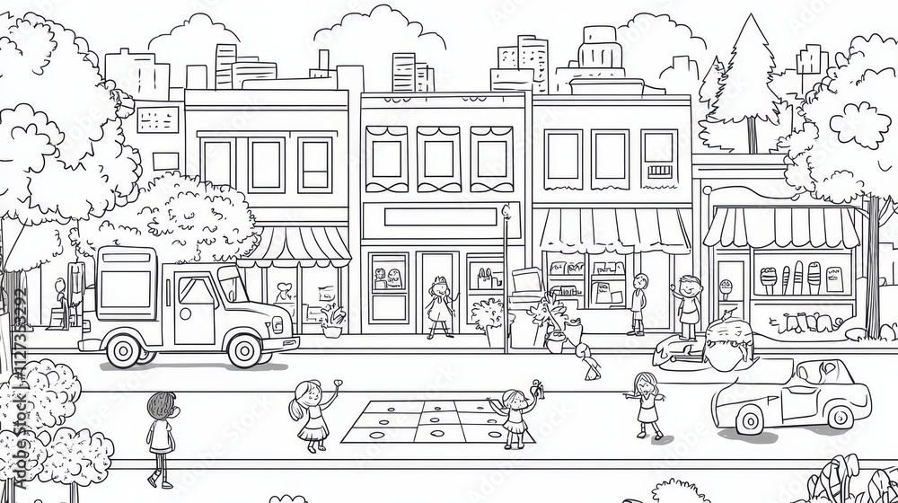 Vibrant City Life: A charming black and white illustration captures the essence of urban life, showcasing a bustling street scene with people, shops, and vehicles. Vibrant City Life: A charming black and white illustration captures the essence of urban life, showcasing a bustling street scene with people, shops, and vehicles.