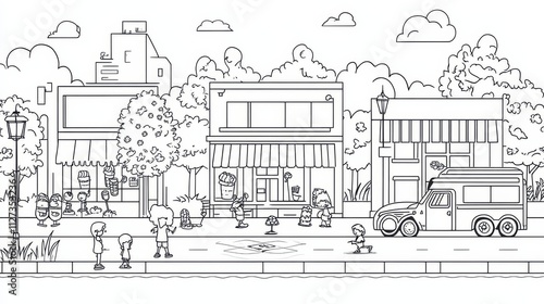 Wallpaper Mural Charming Town Street Scene: Black and white illustration of a quaint town street, featuring charming shops, trees, and playful characters. Perfect for children's books, coloring pages. Torontodigital.ca
