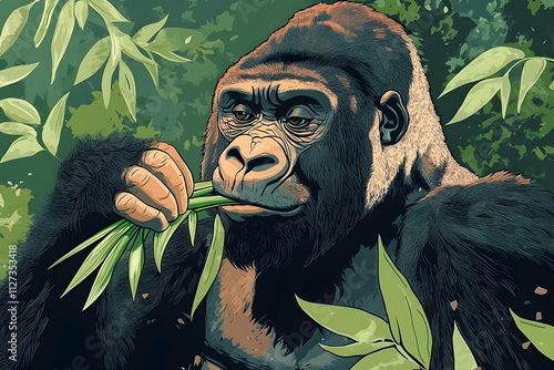 A powerful gorilla eats leaves in a lush green forest. photo