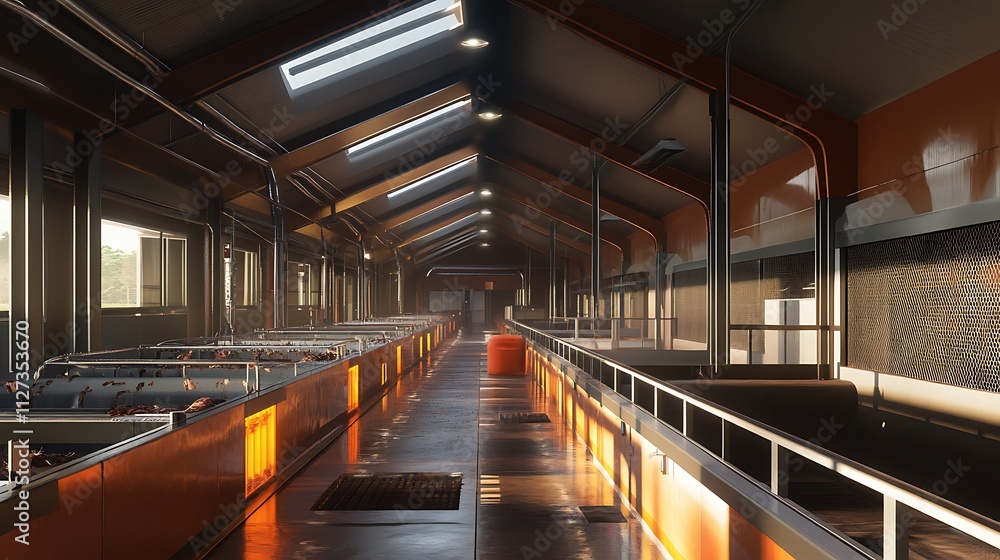 Interior of a modern industrial building with long walkway and processing equipment. Interior of a modern industrial building with long walkway and processing equipment.