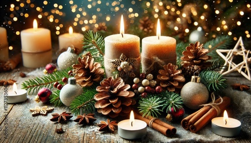 Christmas Candle with natural decoration - Advent - Christmas and New Year Greeting Card, Banner, Panorama with copy space