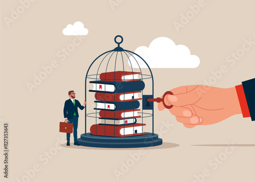 Business books. Stack of books captured in a birdcage. Businessman wants to get inaccessible knowledge. Modern flat vector illustration.