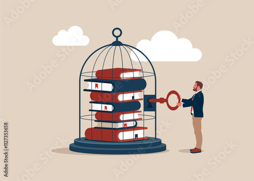 Stack of books captured in a birdcage. Businessman open inaccessible knowledge. Modern flat vector illustration.