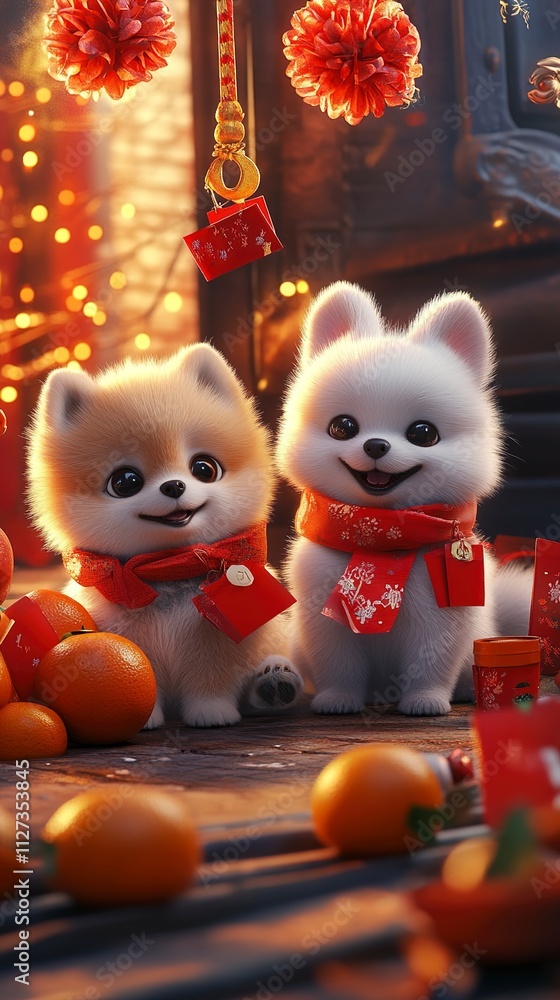 Fototapeta premium Adorable Pomeranian Puppies in Festive Chinese New Year Setting