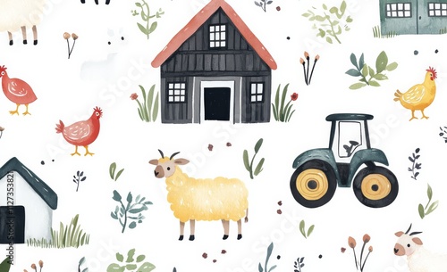 Charming Farm Animals Watercolor Pattern 