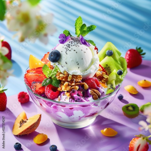 A vibrant visual of a vegan dessert. featuring coconut milk ice cream, fresh fruits, and nuts. promoting indulgence without animal products. Ideal for dessert blogs photo