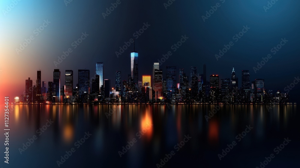 Naklejka premium A city skyline is reflected in the water at night