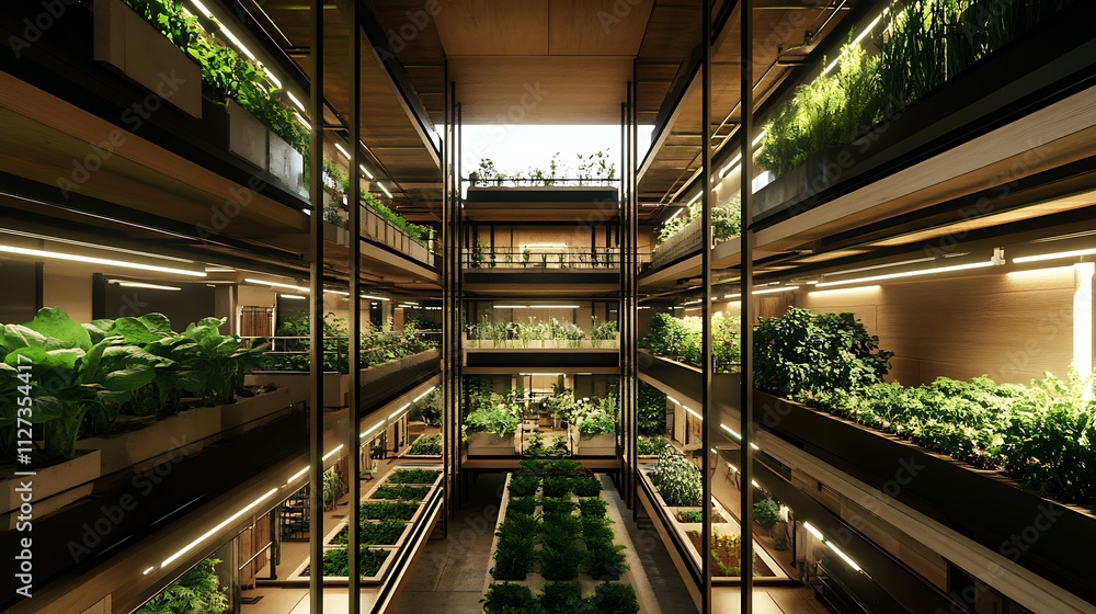 Interior view of a multi-level indoor vertical farm with lush greenery thriving under artificial lighting. Interior view of a multi-level indoor vertical farm with lush greenery thriving under artificial lighting.