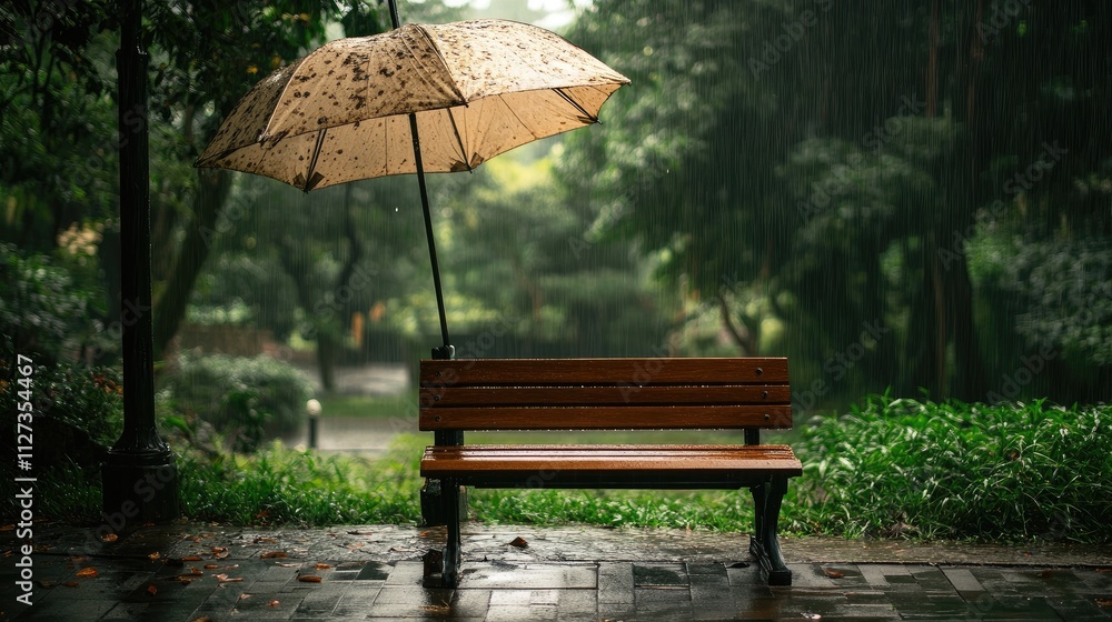 Naklejka premium Umbrella over a wooden bench in a serene park setting amidst rainfall surrounded by lush greenery