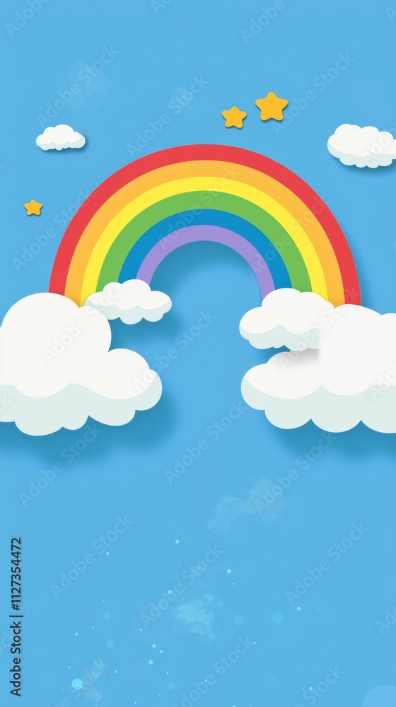 Vibrant rainbow arches across a clear blue sky, accompanied by fluffy white clouds and twinkling yellow stars, creating a cheerful and whimsical scene Vibrant rainbow arches across a clear blue sky, accompanied by fluffy white clouds and twinkling yellow stars, creating a cheerful and whimsical scene