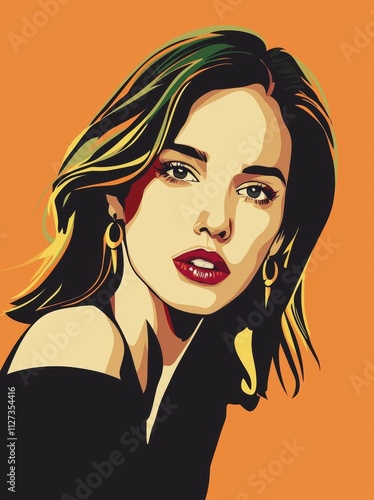 Colorful pop art illustration featuring a beautiful young woman adorned with golden earrings, showcasing a bare shoulder against a vibrant orange background