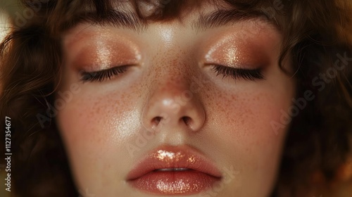 Gorgeous close-up portrait of a girl with evening makeup featuring shimmery eyelids and glossy lips showcasing natural beauty and freckles photo