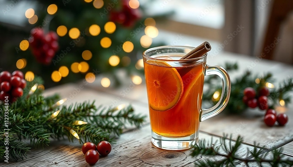 A glass of mulled wine or hot cider with orange slices, cranberries, and a cinnamon stick, on a wooden table, holiday lights, autumn and winter drink, created with generative ai A glass of mulled wine or hot cider with orange slices, cranberries, and a cinnamon stick, on a wooden table, holiday lights, autumn and winter drink, created with generative ai