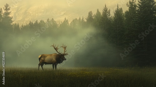 Majestic Rocky Mountain Elk Bull in Ethereal Morning Mist Surrounded by Lush Forests and Mountainous Backdrop photo