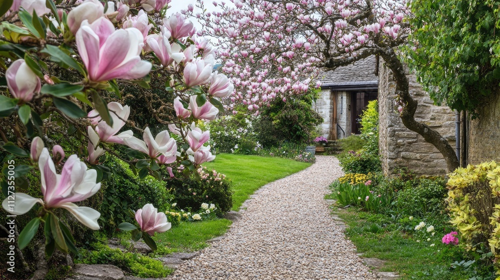 Fototapeta premium Magnolia campbellii Blossoms Along a Charming Pathway in a Picturesque Country Garden in Devon England