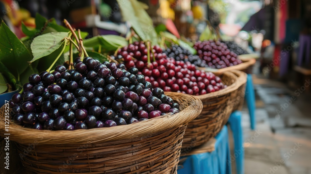 Freshly harvested mulberry berries displayed in traditional baskets at a vibrant market in Thailand showcasing local agriculture and flavors Freshly harvested mulberry berries displayed in traditional baskets at a vibrant market in Thailand showcasing local agriculture and flavors