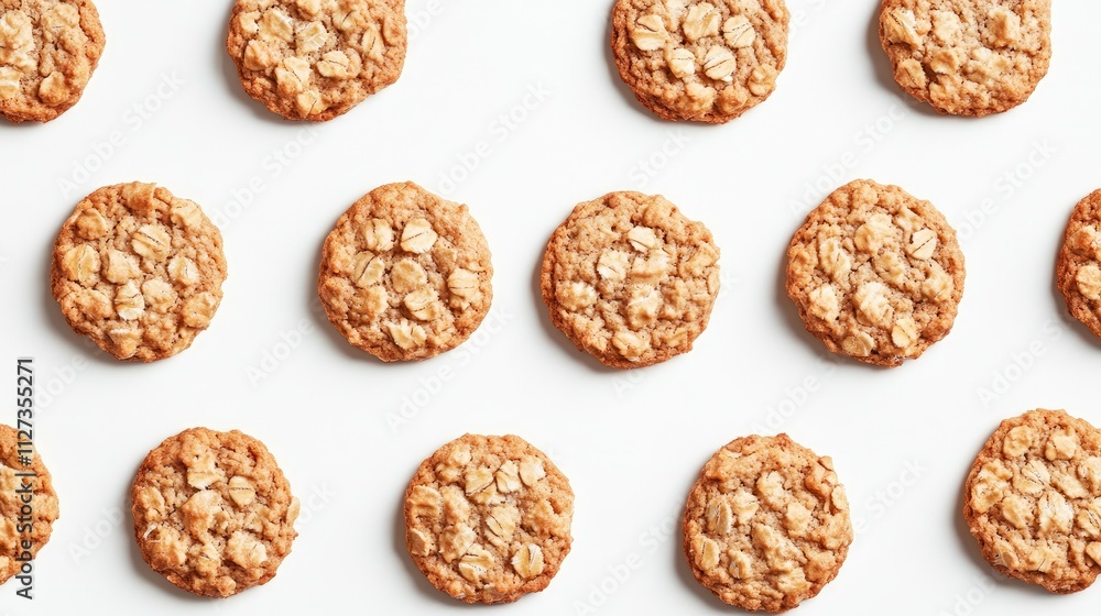 Oatmeal cookies arranged in a neat pattern on a bright white background showcasing their golden texture and inviting appearance Oatmeal cookies arranged in a neat pattern on a bright white background showcasing their golden texture and inviting appearance