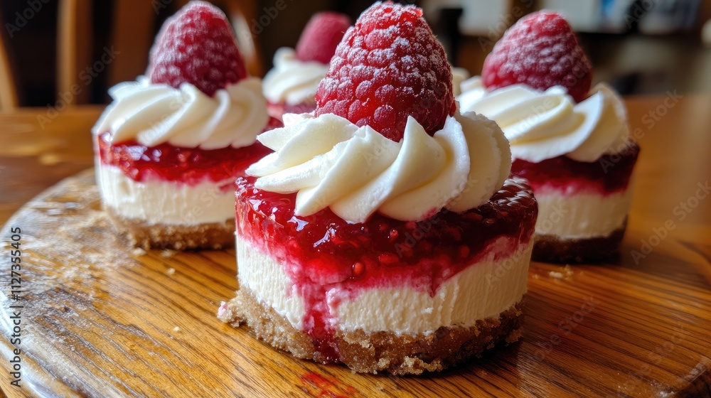 Mini Raspberry Cheesecake with Whipped Cream and Fresh Raspberries on Wooden Serving Board Mini Raspberry Cheesecake with Whipped Cream and Fresh Raspberries on Wooden Serving Board