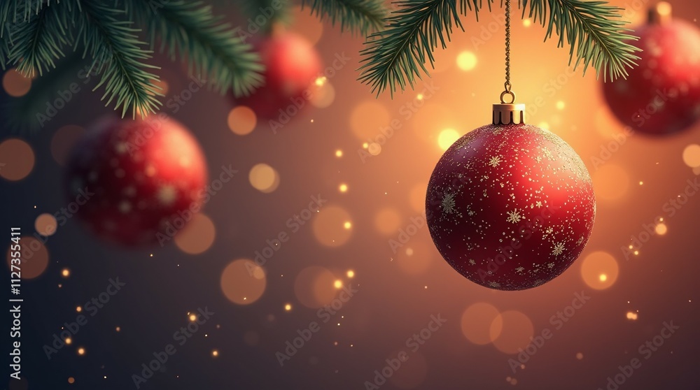Christmas Greeting Card with Baubles Hanging on Tree and Bokeh Lights. Christmas Greeting Card with Baubles Hanging on Tree and Bokeh Lights.