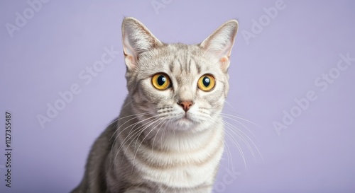 Captivating portrait of alert grey tabby cat with striking yellow eyes on pastel purple background