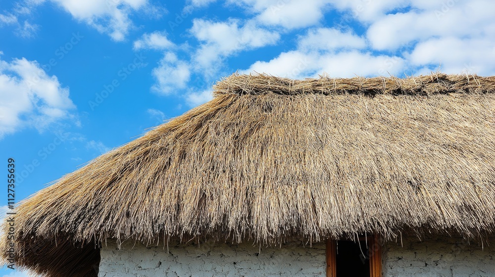Rustic thatched roof made of dried grasses showcasing traditional building techniques against a blue sky for a charming architectural detail Rustic thatched roof made of dried grasses showcasing traditional building techniques against a blue sky for a charming architectural detail