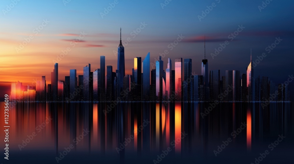 Fototapeta premium A city skyline is reflected in the water at sunset