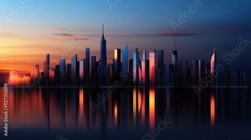 A city skyline is reflected in the water at sunset