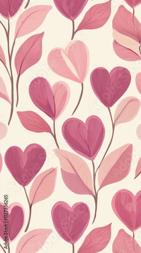 Romantic seamless pattern featuring stylized pink heart-shaped flowers and leaves, creating a delicate design perfect for valentine's day, weddings, and textiles