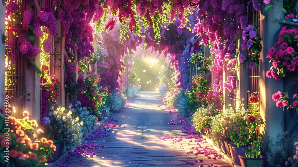 A scenic pathway adorned with blossoming lilacs and cherry trees, celebrating the beauty of may A scenic pathway adorned with blossoming lilacs and cherry trees, celebrating the beauty of may