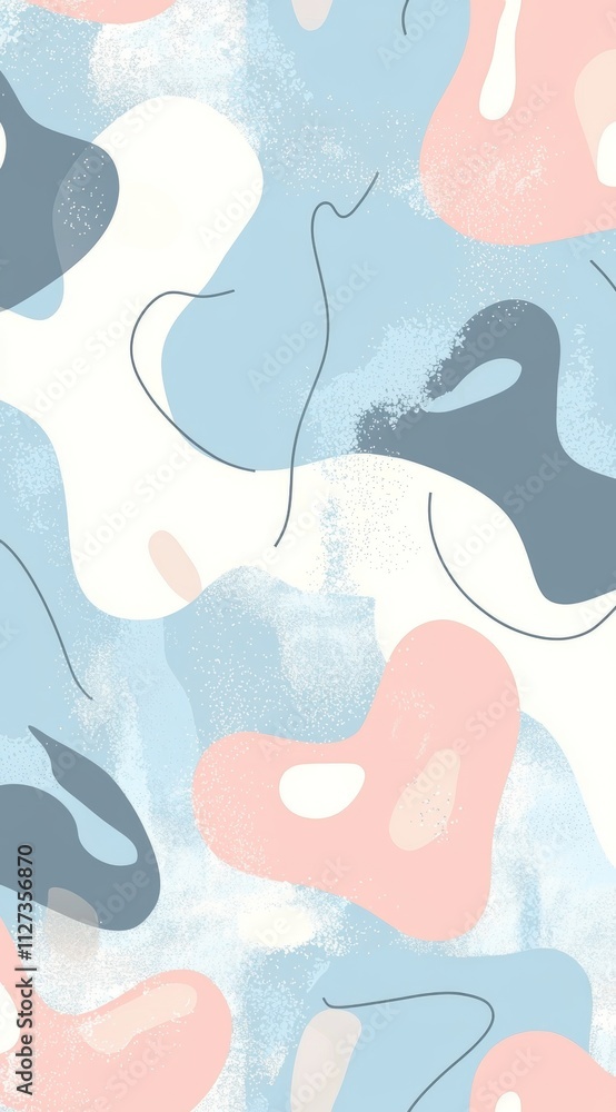 Fototapeta premium Abstract background featuring calming pastel pink, blue, and white colors with irregular organic shapes and delicate lines, creating fluidity and elegance