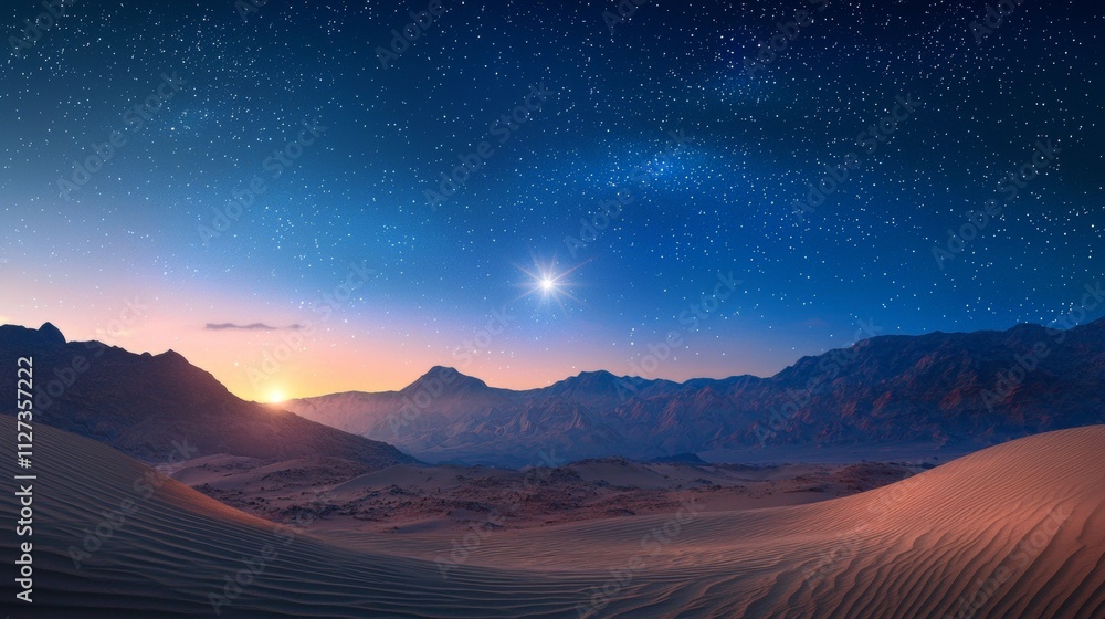 Bright star shining brilliantly in a stunning blue and orange night sky filled with countless stars, casting its glow over serene sand dunes and majestic mountains at sunset Bright star shining brilliantly in a stunning blue and orange night sky filled with countless stars, casting its glow over serene sand dunes and majestic mountains at sunset