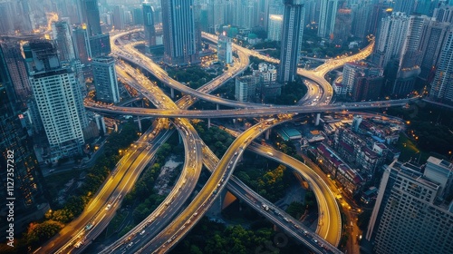 Futuristic Urban Cityscape with Interconnected Highways and Skyscrapers