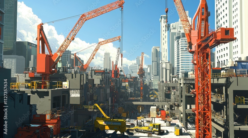 Large Scale Modern Construction Site with Cranes and Machinery Large Scale Modern Construction Site with Cranes and Machinery