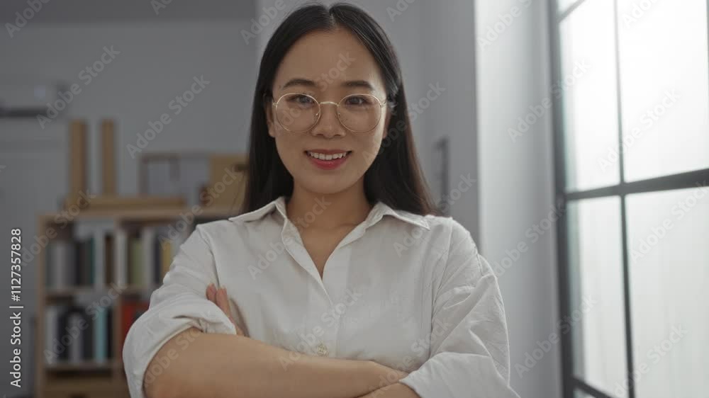 Young woman crossing arms in a modern office, wearing glasses and a white shirt, with shelves and window in the background, showcasing a professional and confident demeanor. Young woman crossing arms in a modern office, wearing glasses and a white shirt, with shelves and window in the background, showcasing a professional and confident demeanor.