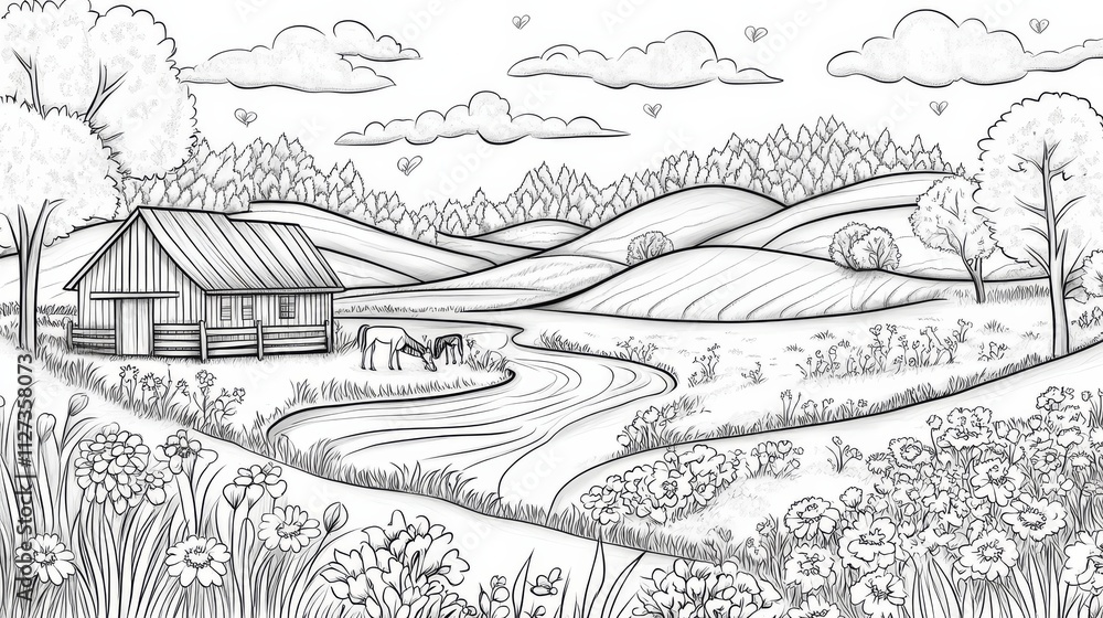 Fototapeta premium Peaceful Countryside Sketch: A charming black and white illustration of a serene rural landscape, featuring a quaint barn, rolling hills, a meandering stream, and blooming wildflowers.
